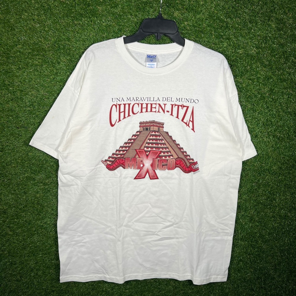 M&O Knits Chichen Itza Mexico‎ Souvenir Graphic T-Shirt White Mens XL 3062